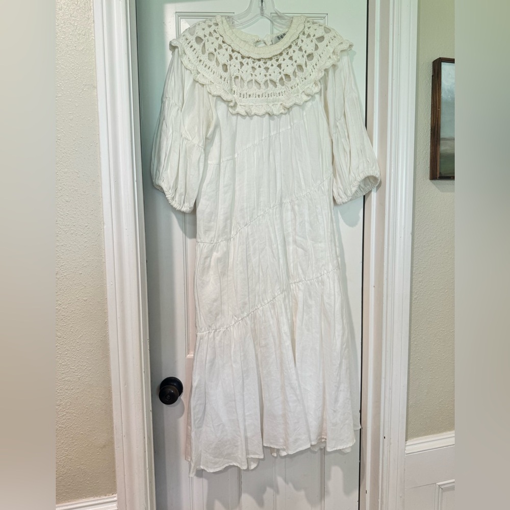 Sea NY Ramie White Crochet Collar Dress sz S